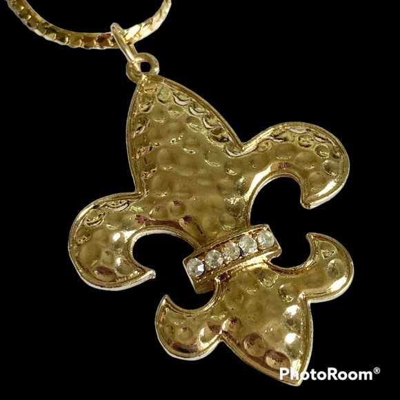 Vintage Fleur de Lis Pendant Necklace Gold Plated 24" BIG Statement Mardi Gras - Picture 4 of 12